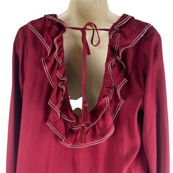Tularosa Heather Blouse Ruffle Collar Tassel Tie Back Red Size L - Picture 9 of 10